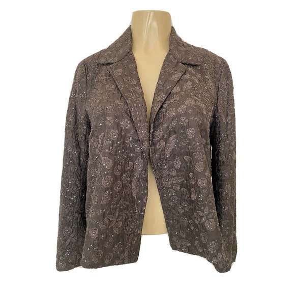 Nicole Farhi Jacket Blazer Taupe Brown Open Front Embroidered Sequin 100… - Picture 1 of 5